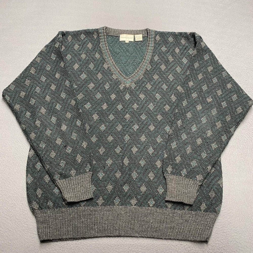 Vintage Potomac Collection Sweater Mens‎ Large Gray V Neck Diamond Geometric 90s